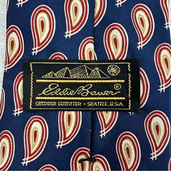 Eddie Bauer navy with‎ red & gold teardrop print 100% silk tie - Picture 3 of 5